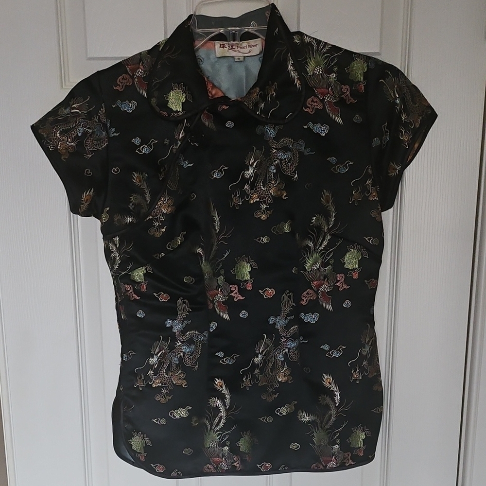 Black Satin Asian-Inspired Blouse
